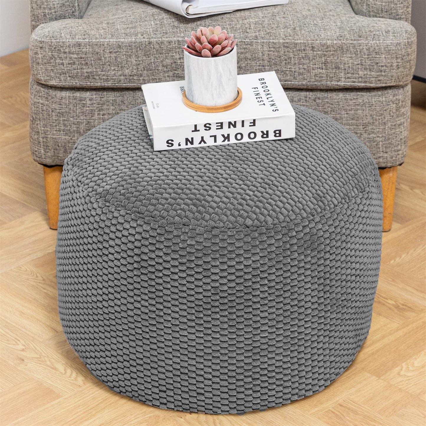 Poofieotto Unstuffed Pouf Ottoman Cover Handmade Footstool Ottoman Storage Solution Floor Pouf Footrest Cushion 20Diameterx12Height Inches for Living Room Wedding Dark Gray
