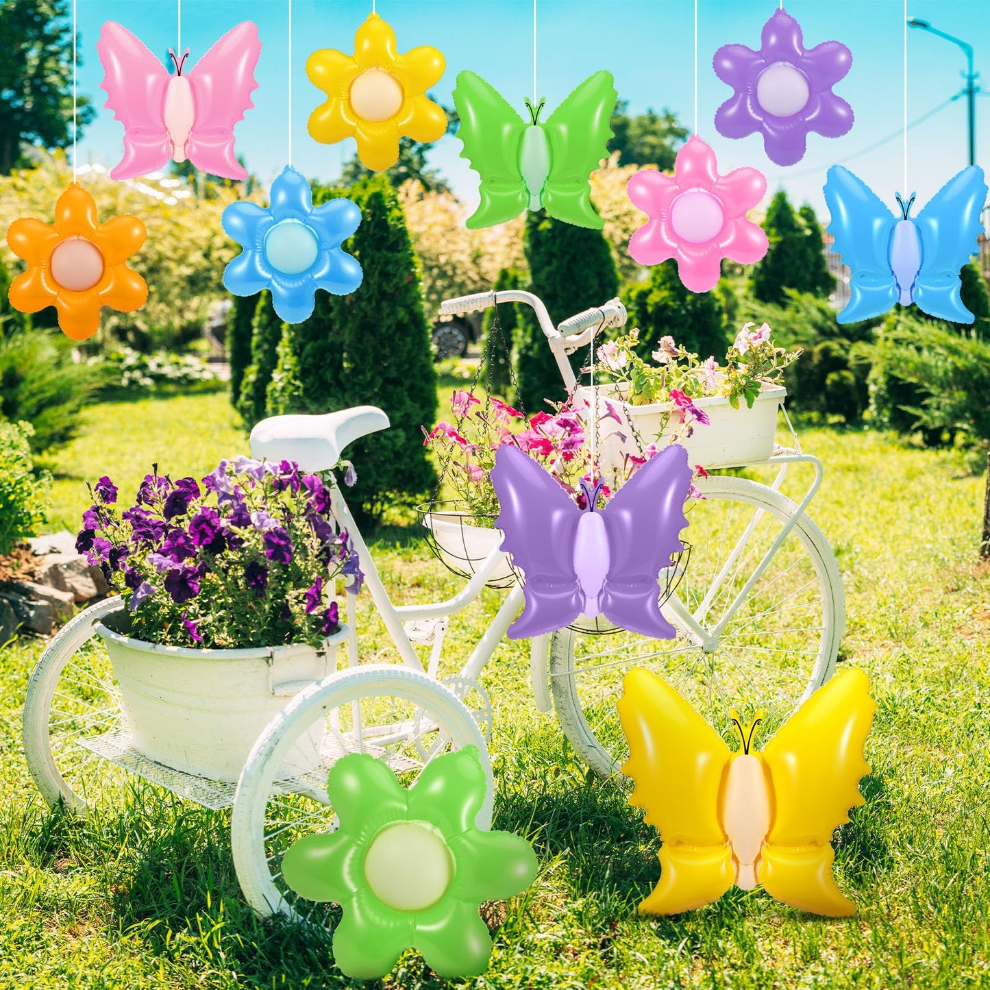 Realspring 12 Pcs 12 Inch Spring Summer Inflatable Outdoor Decorations Butterfly Flowers Inflatable Hanging Ornament Large PVC Spring Summer Butterfly Flowers Blow up Yard Party Indoor Outdoor Decor