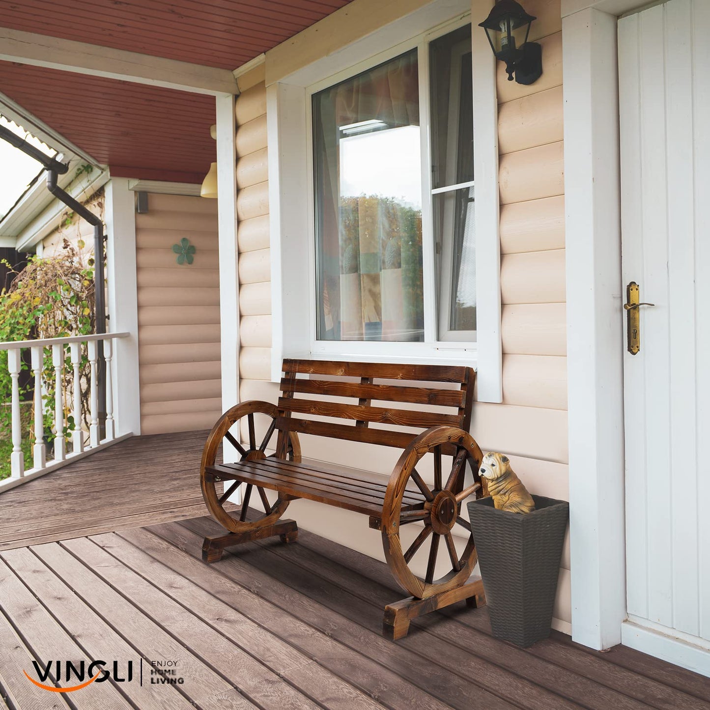 VINGLI Rustic Wooden Wheel Bench Outdoor Bench, Patio Bench Wagon Slatted Seat, Garden Benches for Outdoors 350lbs High Capacity, Weather Resistance (Rustic, 41in)