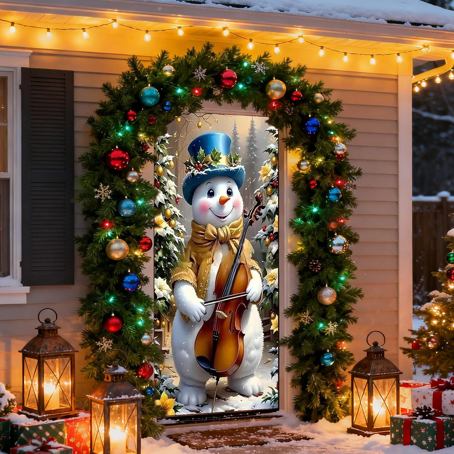 NECGNIQ Christmas Door Cover, Elastic New Year Front Door Sleeve Decoration Snowman Porch Sign Christmas Ball Photography Background Banner Holiday Decor(Style 2)