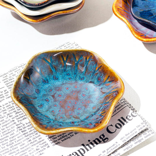 Vintage-Inspired Ceramic Jewelry Dish – Handcrafted Floral Trinket Trays in Luxe Glazed Porcelain | Antique-Style Ring Holders for Vanity & Dresser Décor (1, Kiln transformed lotus, peacock green)