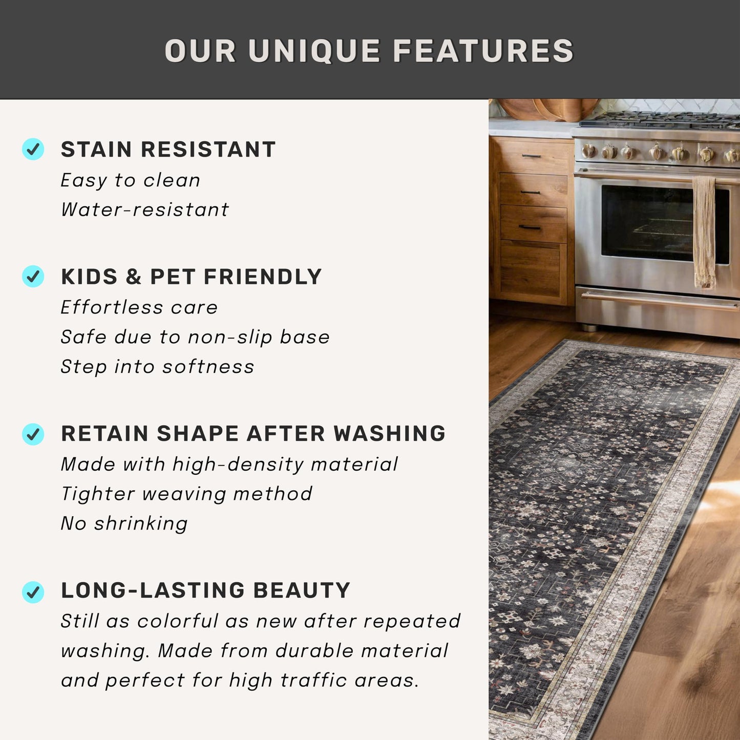 Black Washable 2x3 Entry Rug, Small Rugs for Entryway Kitchen Bathroom Door Mat Indoor Entrance, Non Slip Rubber Backing, Stain & Fade Resistant, Ashen Charcoal Floral Farmhouse Decor