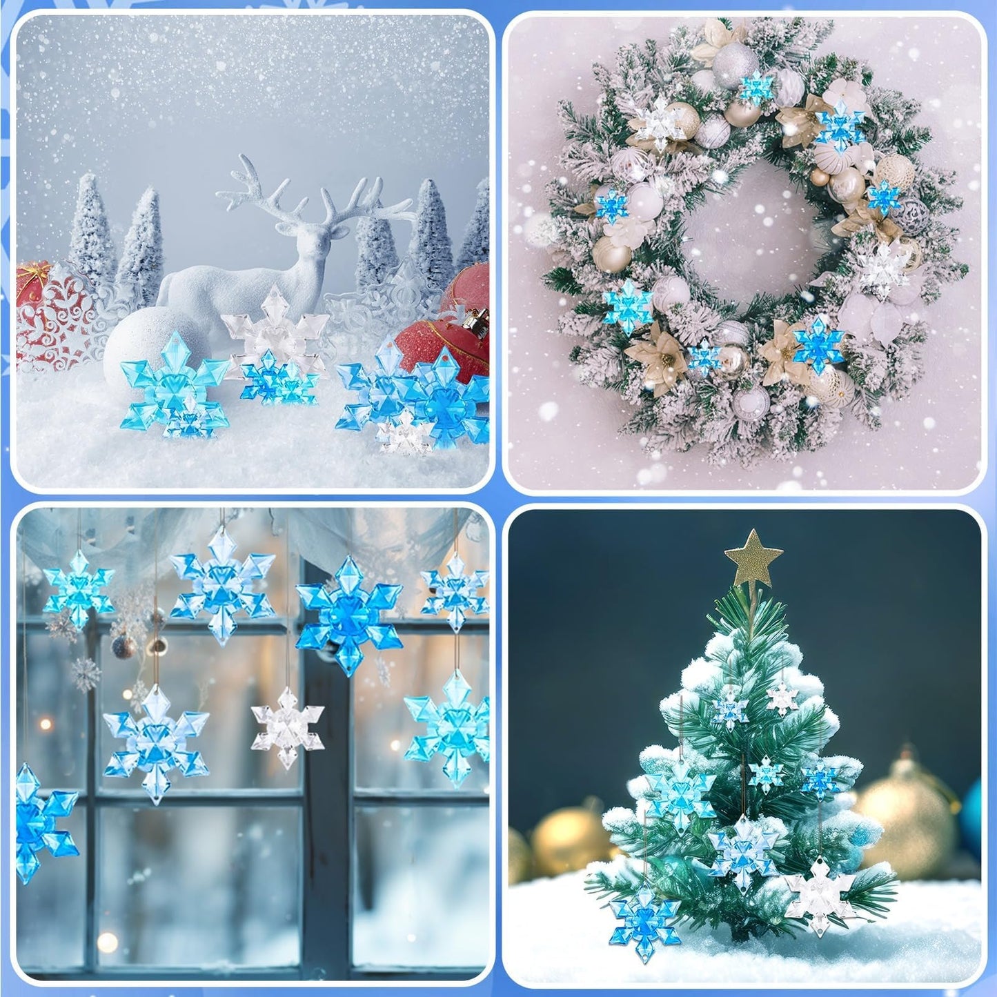 BOARDFEB 60Pcs Christmas Acrylic Snowflake Ornaments, Winter 3D Translucent Hanging Ornaments for Xmas Tree Crystal Snowflake Pendants with Rope for Holiday Party DIY Decor (Blue 43mm/63mm)