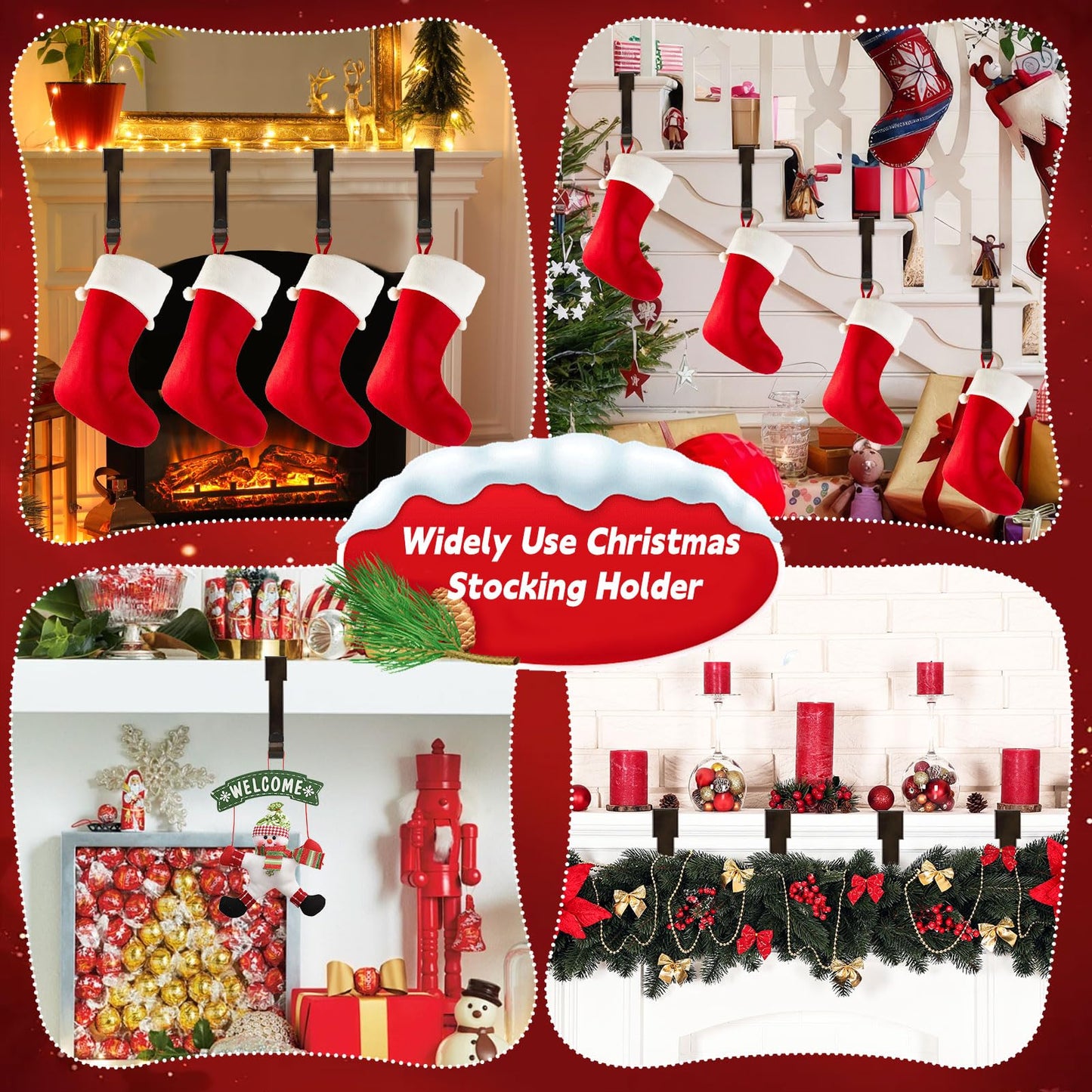 SPSHENG Christmas Stocking Holders for Mantle, 4 Pack Stocking Hangers for Mantel, Non-Skid Stocking Hangers, Lightweight Stocking Hooks for Fireplace Home Party Decor