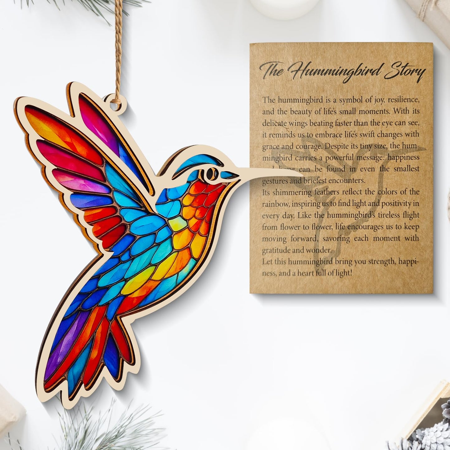 Hummingbird Christmas Ornament, Hummingbird Gifts,Stained Glass Window Hanging Gift for Women, Wood & Acrylic Memorial Keepsake for Christmas Tree, Home Decor (Burlywood)