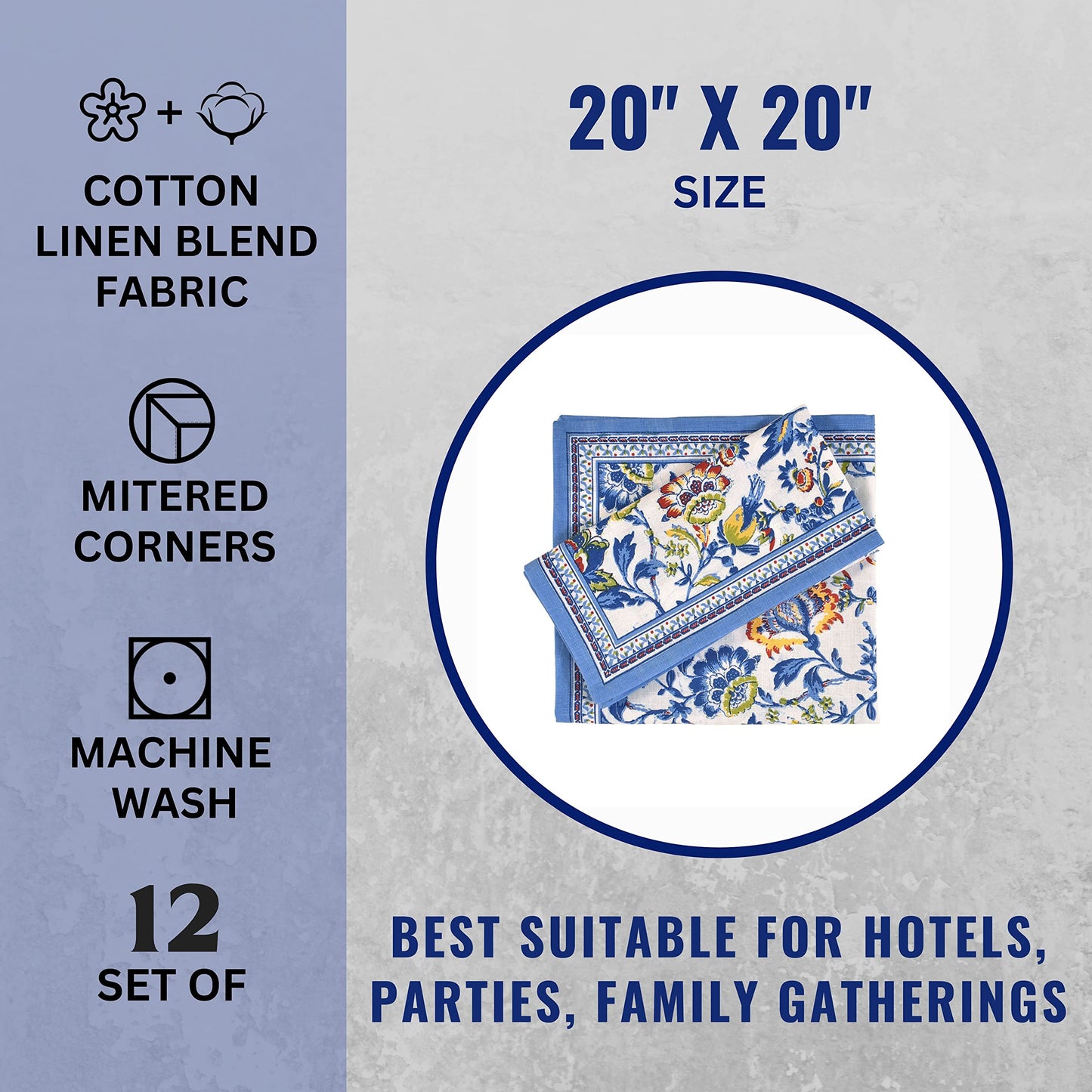 Fingercraft Cloth Napkins, Set of 12 Cotton Linen Blend Printed Dinner Napkins Cloth Mitered Corner Perfect for Parties Dinners Weddings Cocktail Christmas 20x20 Blue Floral