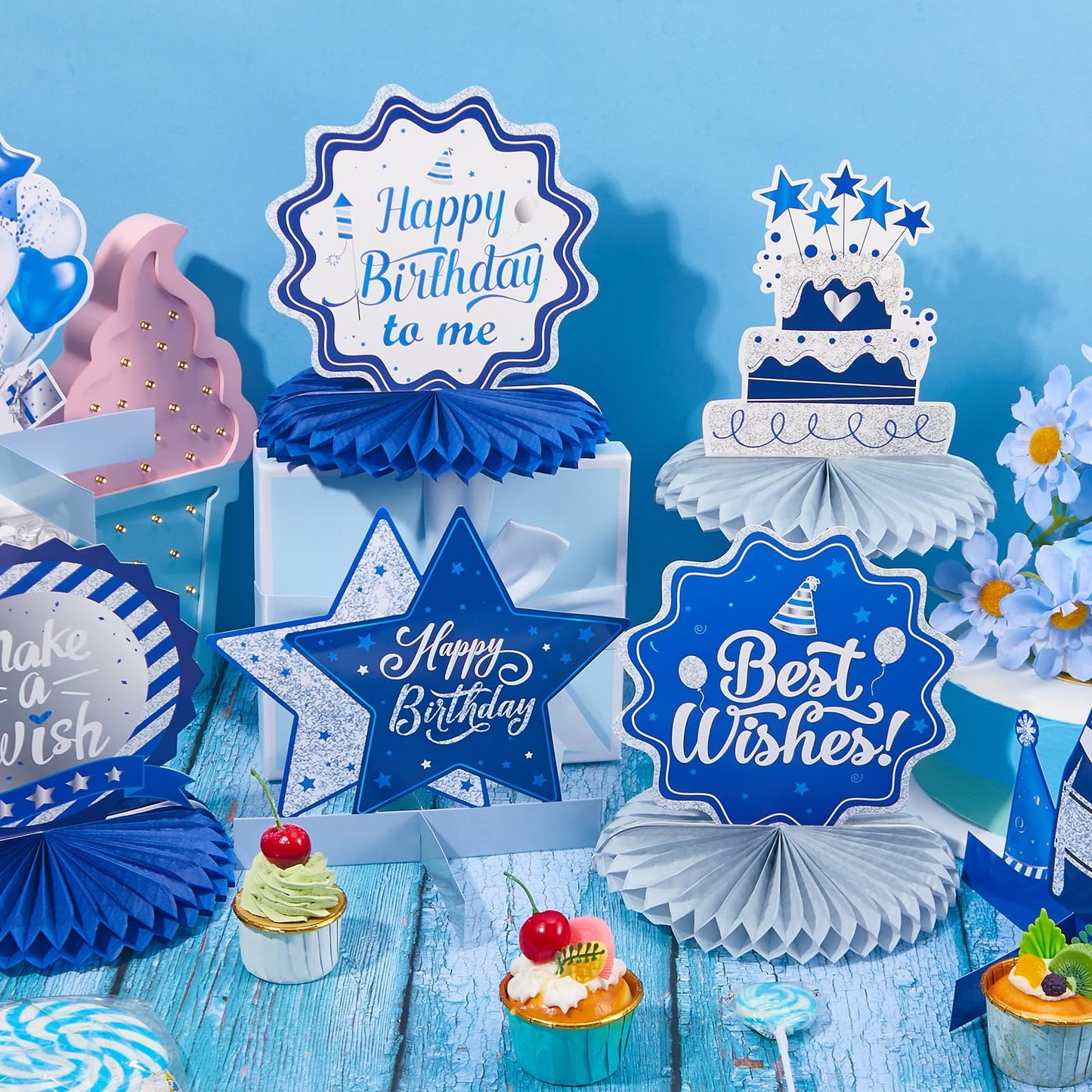 Clabby 12 Pieces Birthday Table Decorations Blue Honeycomb Centerpieces for Table Decor Cute Birthday Honeycomb Topper for Women Men Anniversary Theme Party Supplies Photo Props