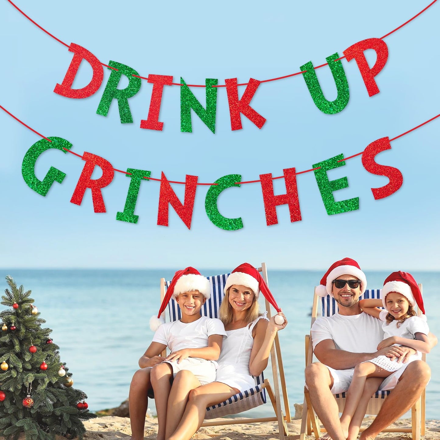 Rismise Drink Up Christmas Decorations Red Green Glittery Christmas Banner Xmas Garland Banners Winter Holiday Garland Photo Props Banners Christma Party Decorations for Xmas Backdrop Decorations