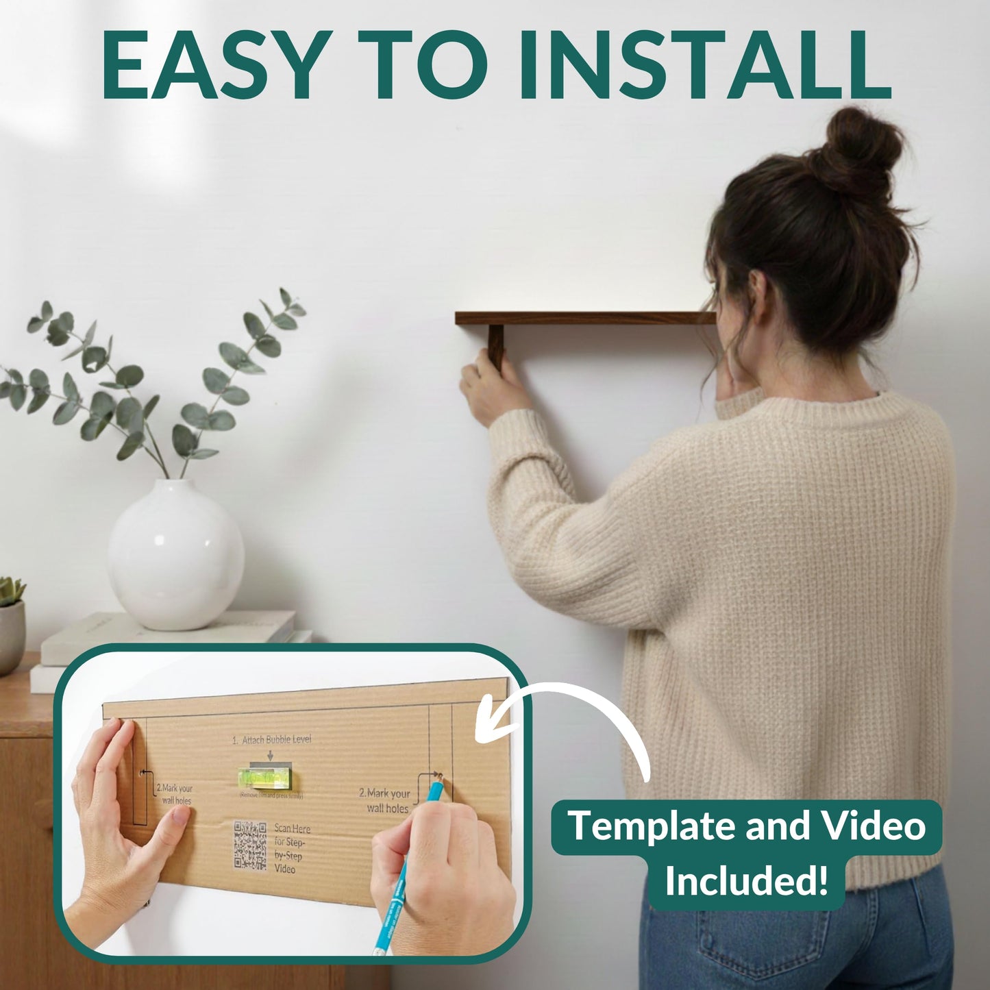 Real Wood Wall Mounted Shelving Rustic Wood Shelves with Brackets - 17 inch (3 Pack) - Easy to Install, Template and Video Included - Wide Brown Shelves for Wall