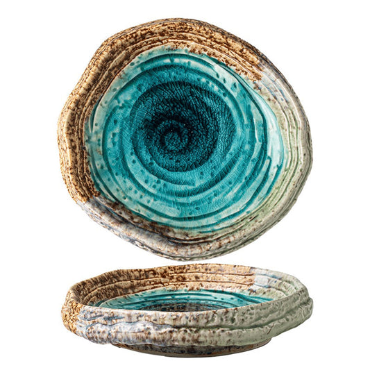 OWNKPM Special-Shaped Ceramic Plate 1 Pice – Green Ice Crack Glaze, Spiral Decorative Pattern, Heavy & Textured – Ideal for Dining Table, Coffee Table, Snacks, Sushi, Fruits, Jewelry & Key Storage