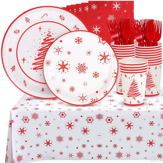 Atonofun Christmas Party Supplies, Merry Christmas Plates and Napkins, Christmas Disposable Plates, 12oz Cups, Napkins and Forks for Birthday, Baby Shower, Xmas, Christmas Themed Parties Serves 24