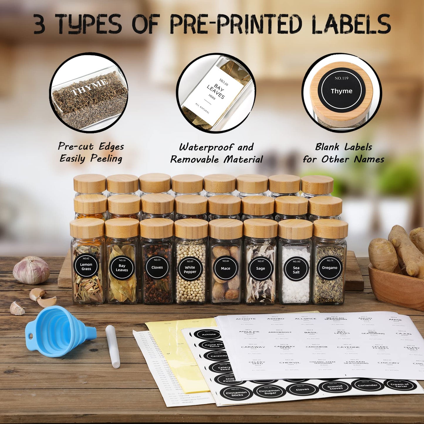 NETANY 24 Pcs Glass Spice Jars with Bamboo Lids, 4 oz Glass Jars with Minimalist Farmhouse Spice Labels Stickers, Collapsible Funnel, Seasoning Storage Bottles for Spice Rack, Cabinet, Drawer