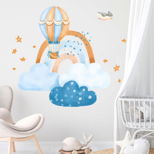 Ollaland Hot Air Balloon & Clouds Wall Decals - Peel and Stick Watercolor Rainbow Décor for Baby Nursery, Toddler & Kids Bedroom Walls - Stars & Bird Wall Stickers