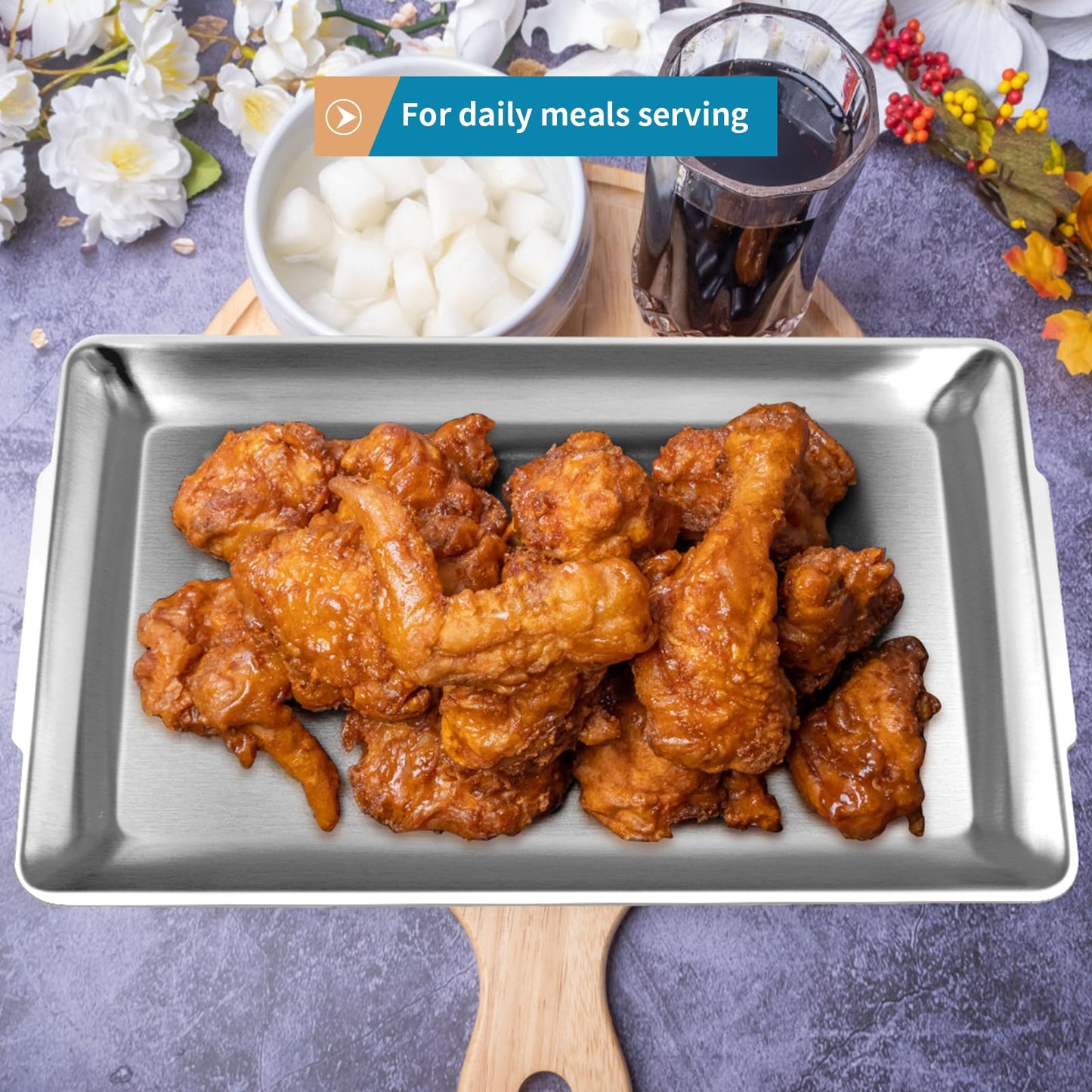 Sanbege Large 304 Stainless Steel Serving Platter, 15.7" Rectangle Camping Plate, Vanity Organizer Tray for BBQ, Party, Buffet, Appetizer, Bathroom Supplies (Brushed Nickel)
