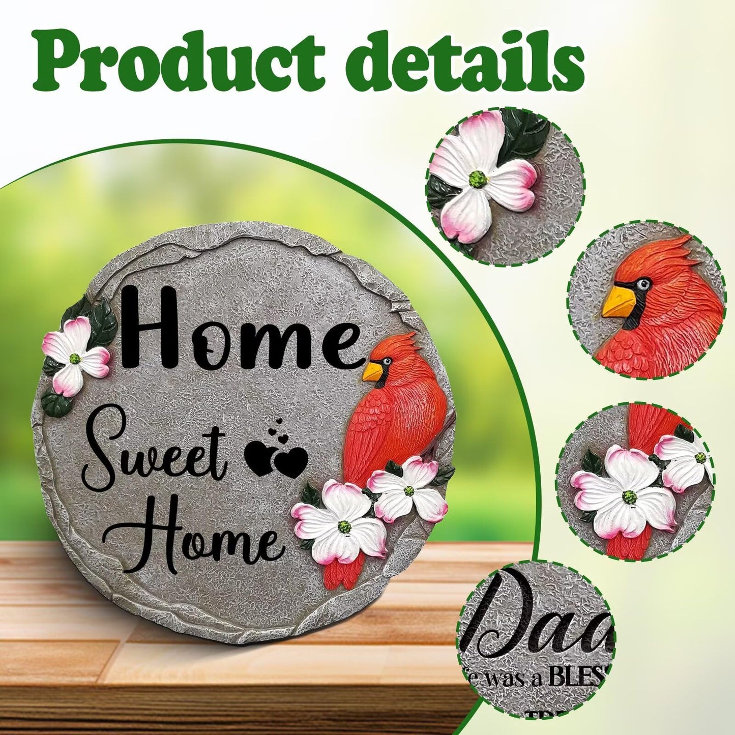 Sweet Home-Resin Stepping Stone,Outdoor Garden Pathway Decoration,Round Red Hummingbird Decorative Stone for Garden,Walkway Sculpture Yard Art for Patio,Home Decor