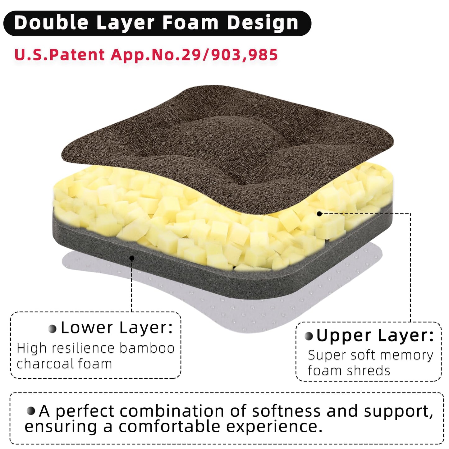 GOFORIT Chair Cushions,Tufted Shredded Memory Foam Chair Pads, Non-Slip Seat Cushions with Removable Cover,16'' x 16'', Brown