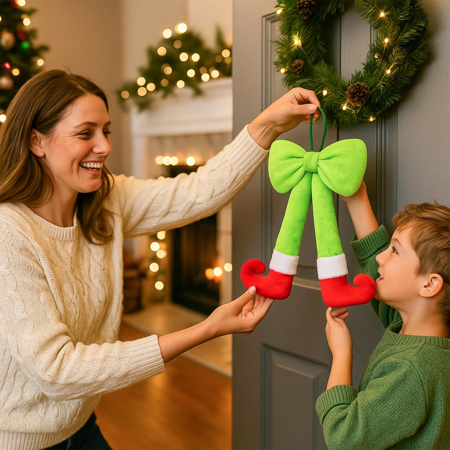 Plush Elf Legs Christmas Wreath Decoration with Large Red Bow - 15.7" Hanging Holiday Decor for Front Door, Wall & Tree (1, Green)