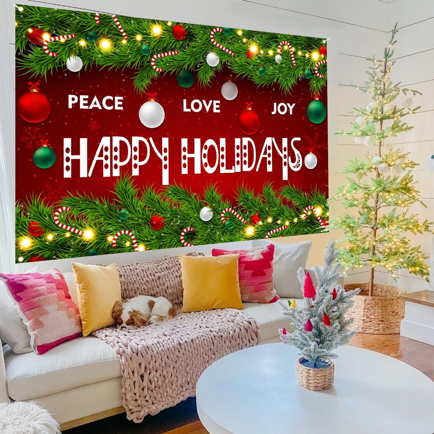 Happy Holidays Celebrate Backdrop Banner Peace Love Joy Happy Holidays Wall Hanging Decor Red Glittering Xmas Winter Holiday Party Photo Photography Prop Booth Background 70.9x47.2in-BECKTEN