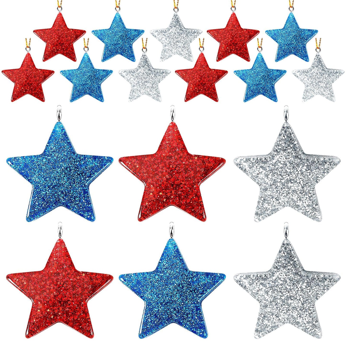 DTOFOOT 36PCS Mini Resin Patriotic Star Ornaments 4th of July Hanging Pendants for Small Tree Glitter Blue Red Star Charms with String for Memorial Day Independence Day 250th Anniversary Party Decor