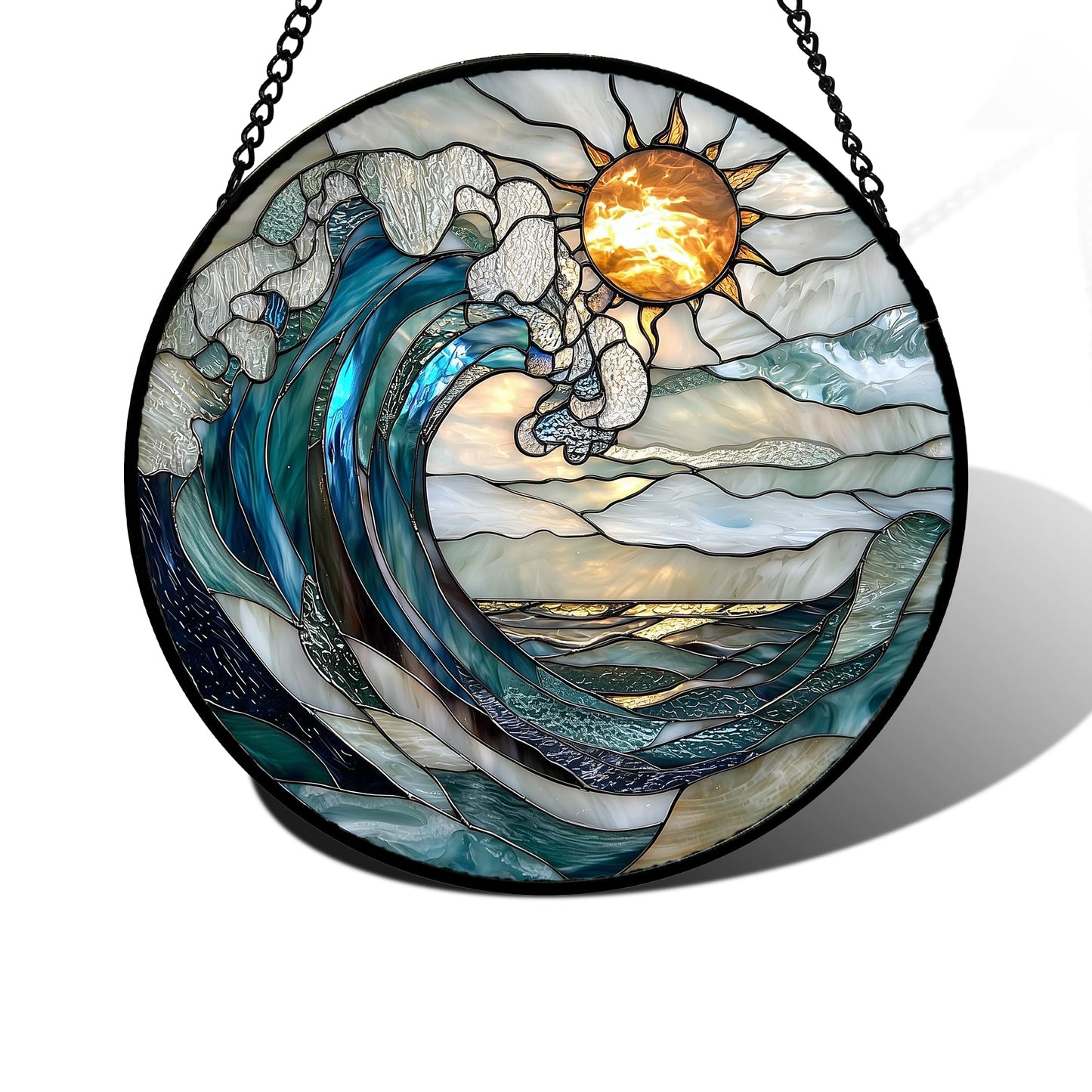 DASTOLL Stained Glass Window Hanging, Blue and White Waves Suncatcher Diamond Glass Panel Landscape Sun Catchers Decor for Birthday for Women, Men, Wife, Aunt, and Mom 6.3 x6.3 in