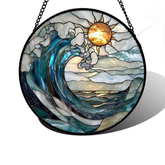 DASTOLL Stained Glass Window Hanging, Blue and White Waves Suncatcher Diamond Glass Panel Landscape Sun Catchers Decor for Birthday for Women, Men, Wife, Aunt, and Mom 6.3 x6.3 in