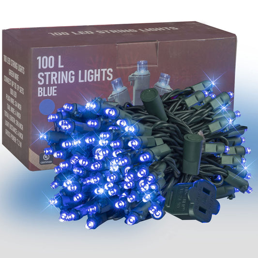 Dazzle Bright 33FT 100 LED Christmas String Lights Indoor Outdoor Waterproof, Blue With Green Wire, Twinkle Plug-in for Tree Room Bedroom Wedding Decorations