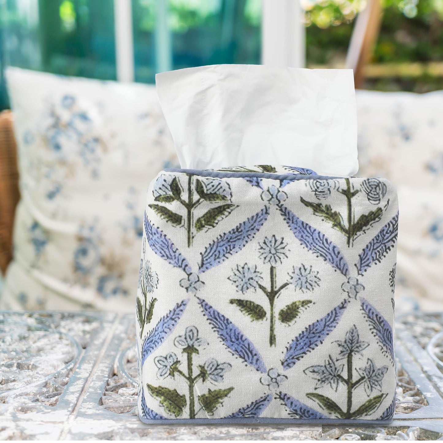 Mimorou Blue Fabric Tissue Box Cover - Floral Print Tissue Box & Decorative Square Napkin Holder Handmade Cotton for Home Bedroom Vanity Countertop Night Stands Office