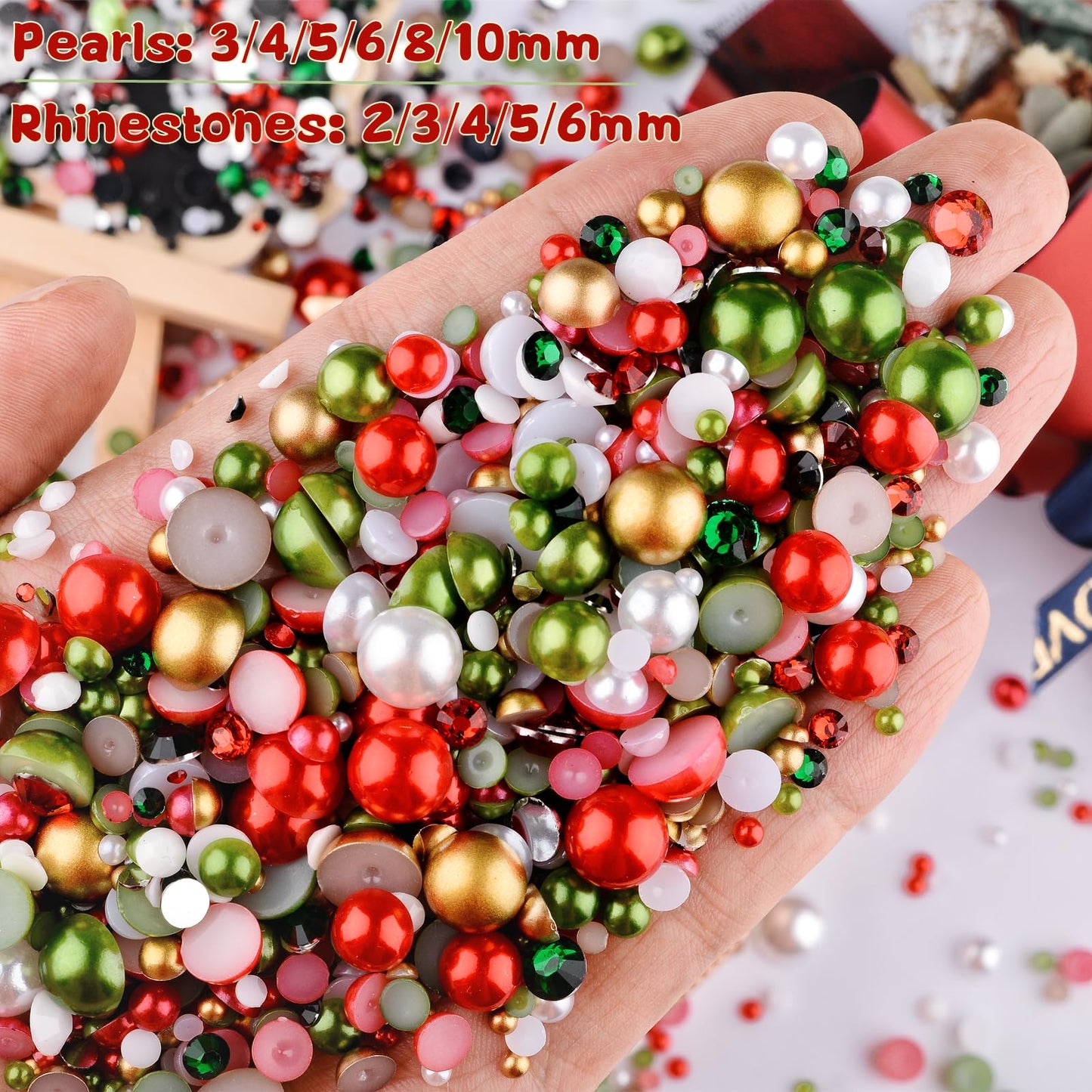 Kikonoke 75g Mix Resin Pearls Rhinestones Kit, 3-10mm Half Pearls and 2-6mm Flatback Rhinestones for Nail Art Decoration Shoes Clothes Tumblers Scrapbooking Craft DIY (Christmas)