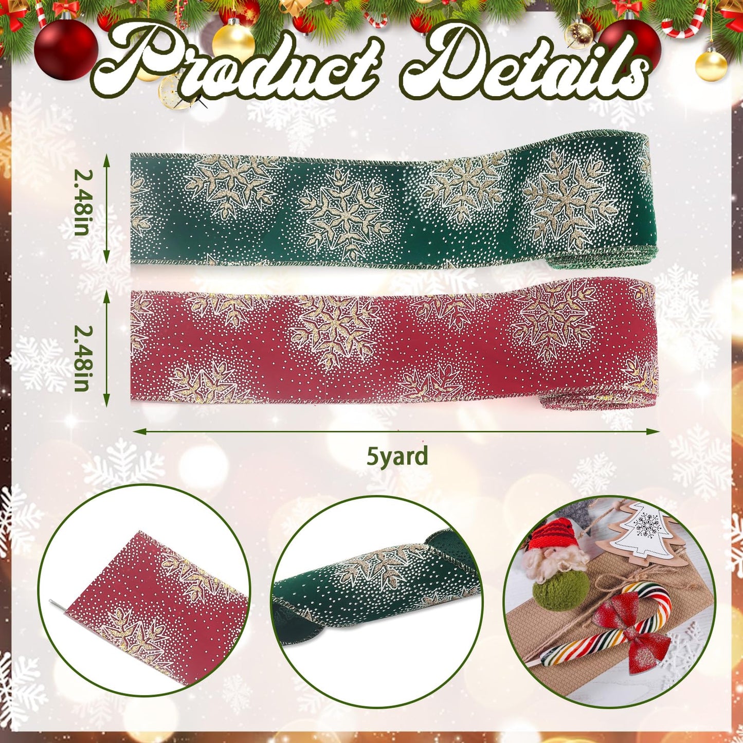 Threetols 2 Rolls 10 Yards Christmas Wired Edge Ribbons, 2.5inch Gold Glitter Snowflake Burlap Ribbons, Green Red Velvet Ribbon for Xmas Christmas DIY Craft Winter Wreath Bow New Year Party Decor