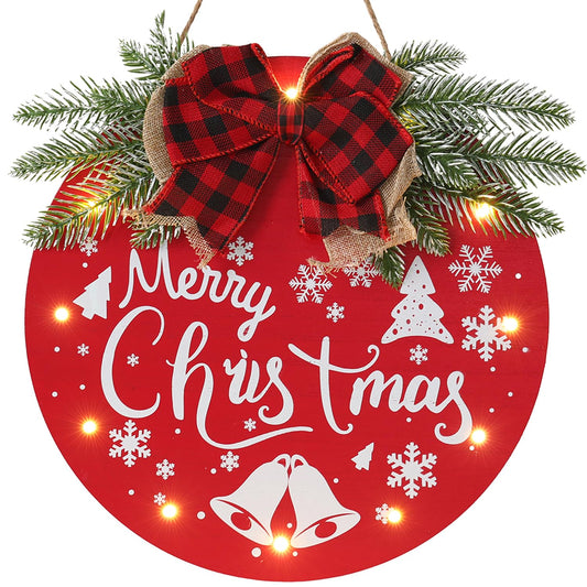 HOMCDALY Merry Christmas Welcome Sign for Front Door, Red X-mas Sign with Light, Holiday Door Decoration Wooden Hanging Sign, Christmas Decoration, Wall Art, Wall Decor(Red)