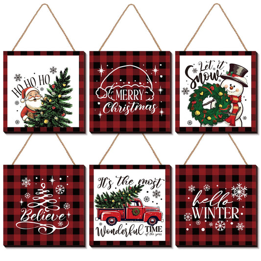 Huwena 6 Pcs Christmas Hanging Wooden Sign Christmas Wall Decor Buffalo Plaid Decor Truck Wooden Decoration Tree Ornament for Home Porch Door Holiday