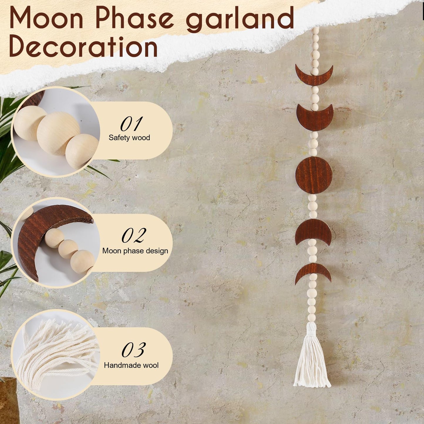 Ausicfen Moon Phase Wall Hanging Wood Beaded with Tassel,Phases of The Moon,Boho Home Decor for Living Room Bedroom Office(Brown)