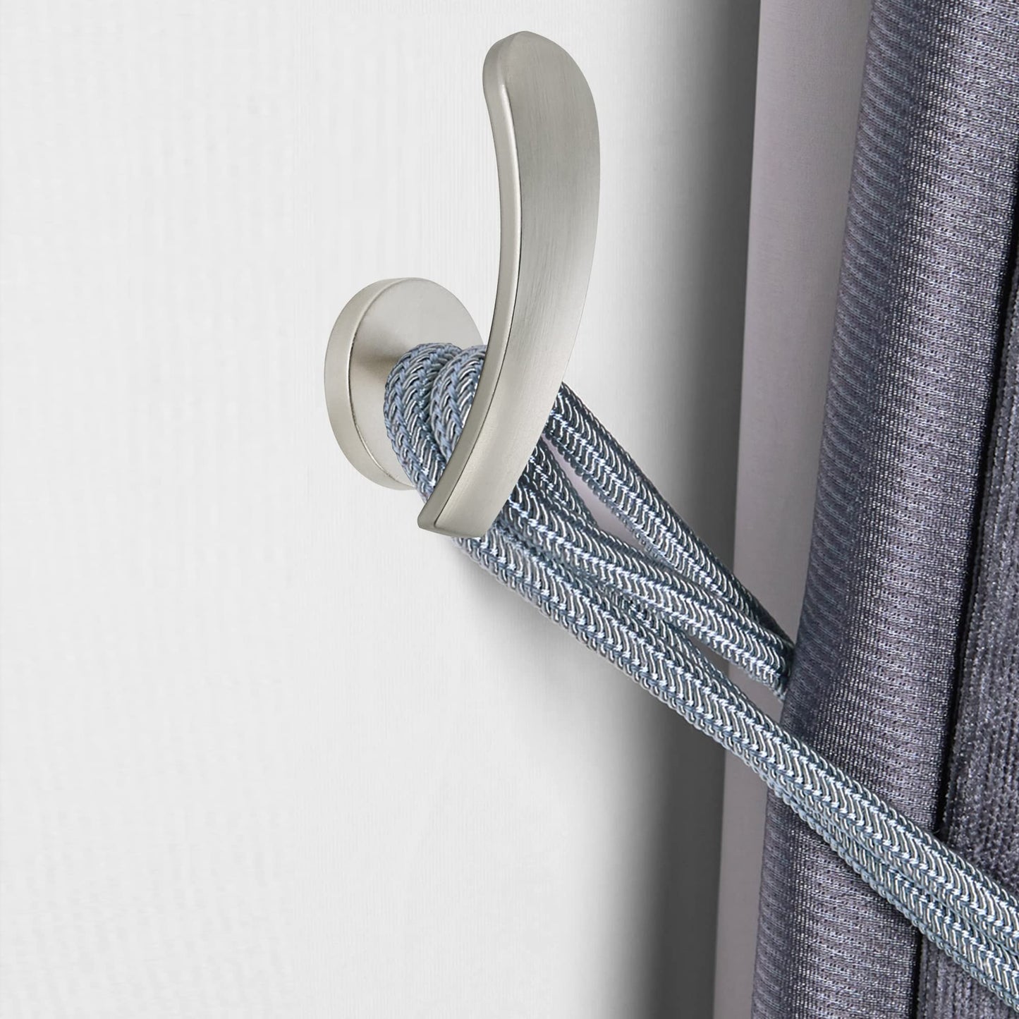 HEMOUR Curtain Holdback, 2pcs Wall Mounted Drapery Tiebacks with Screws, Decorative Drapery Metal Hook Wall Hanger, Silver