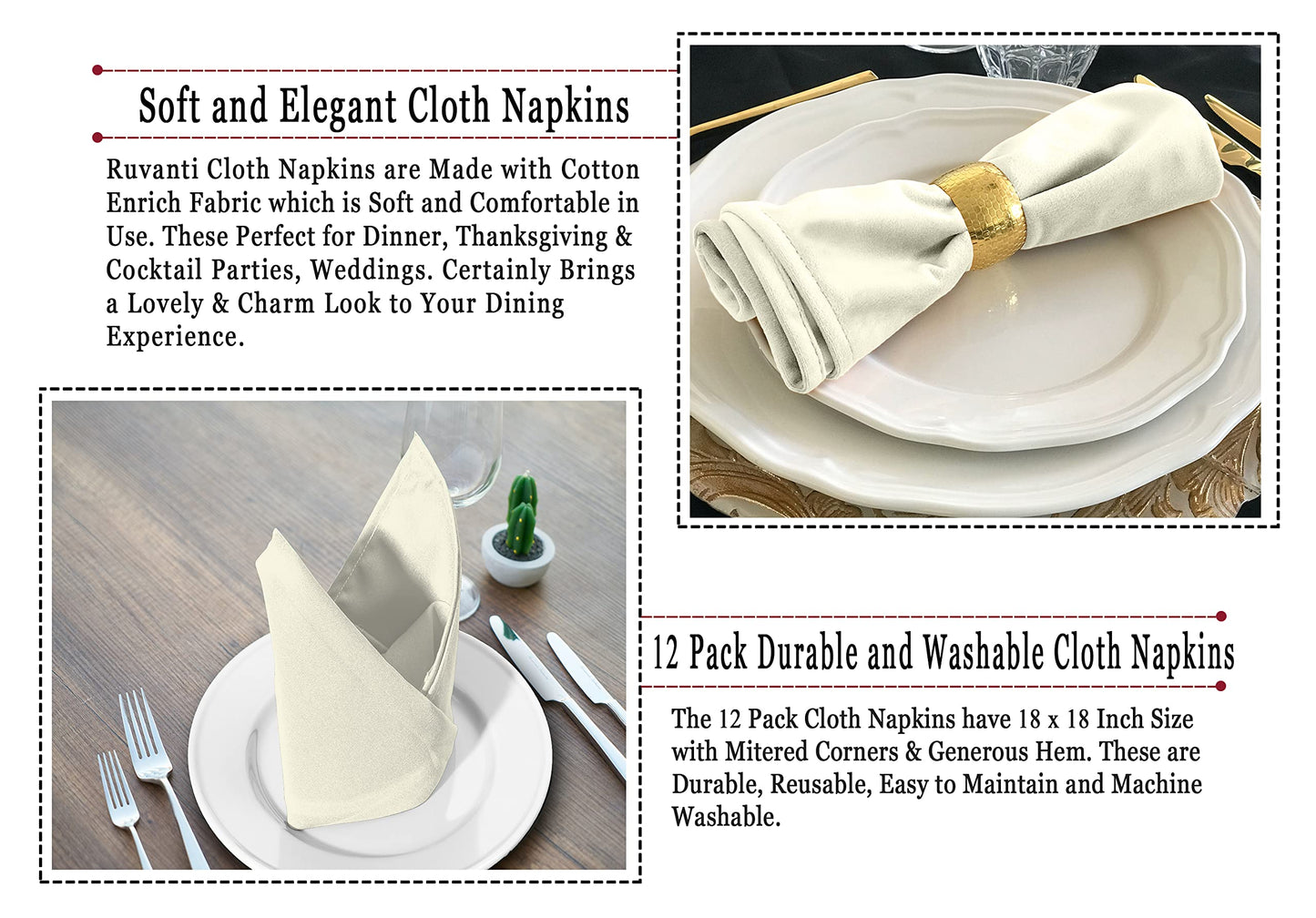Ruvanti Cloth Napkins Set of 12, 18x18 Inches Napkins Cloth Washable, Soft, Durable, Absorbent, Cotton Blend. Table Dinner Napkins Cloth for Hotel, Lunch, Restaurants, Wedding Parties - Ivory/Cream
