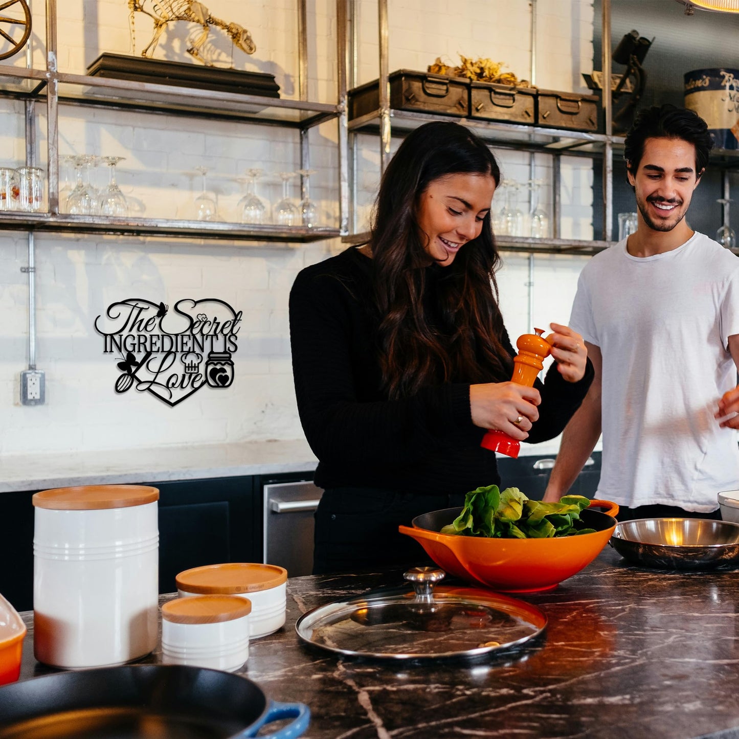 The Secret Ingredient Is Love Metal Wall Art Sign, Black Kitchen Signs Wall Decor, Farmhouse Dining Room Decorations, Housewarming Gift for Mom, Wife, Couples (Black)