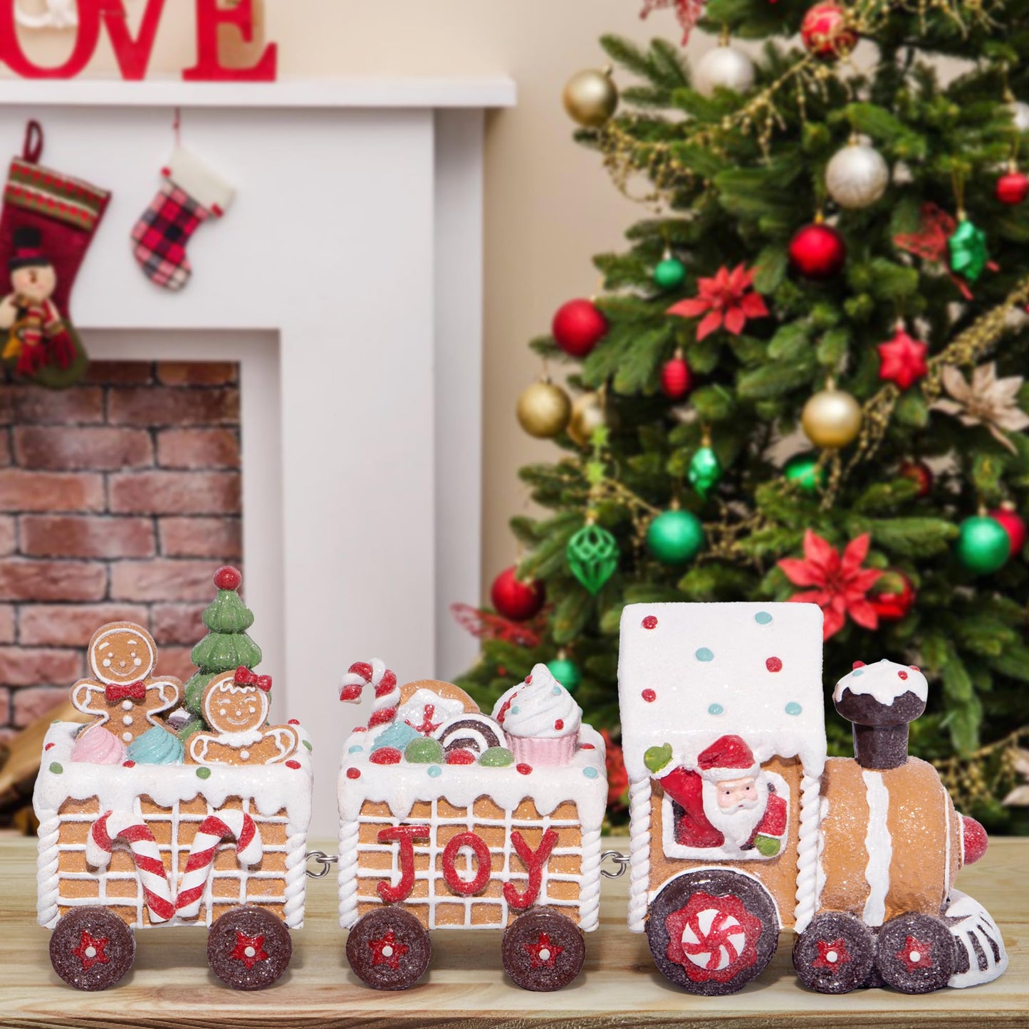 Hodao Christmas Gingerbread Man Train Figurines - Cute Indoor Holiday Decorations for Tabletop, Fireplace, or Centerpiece - Perfect Winter Christmas Decor and Gift (7.5" L Brown)