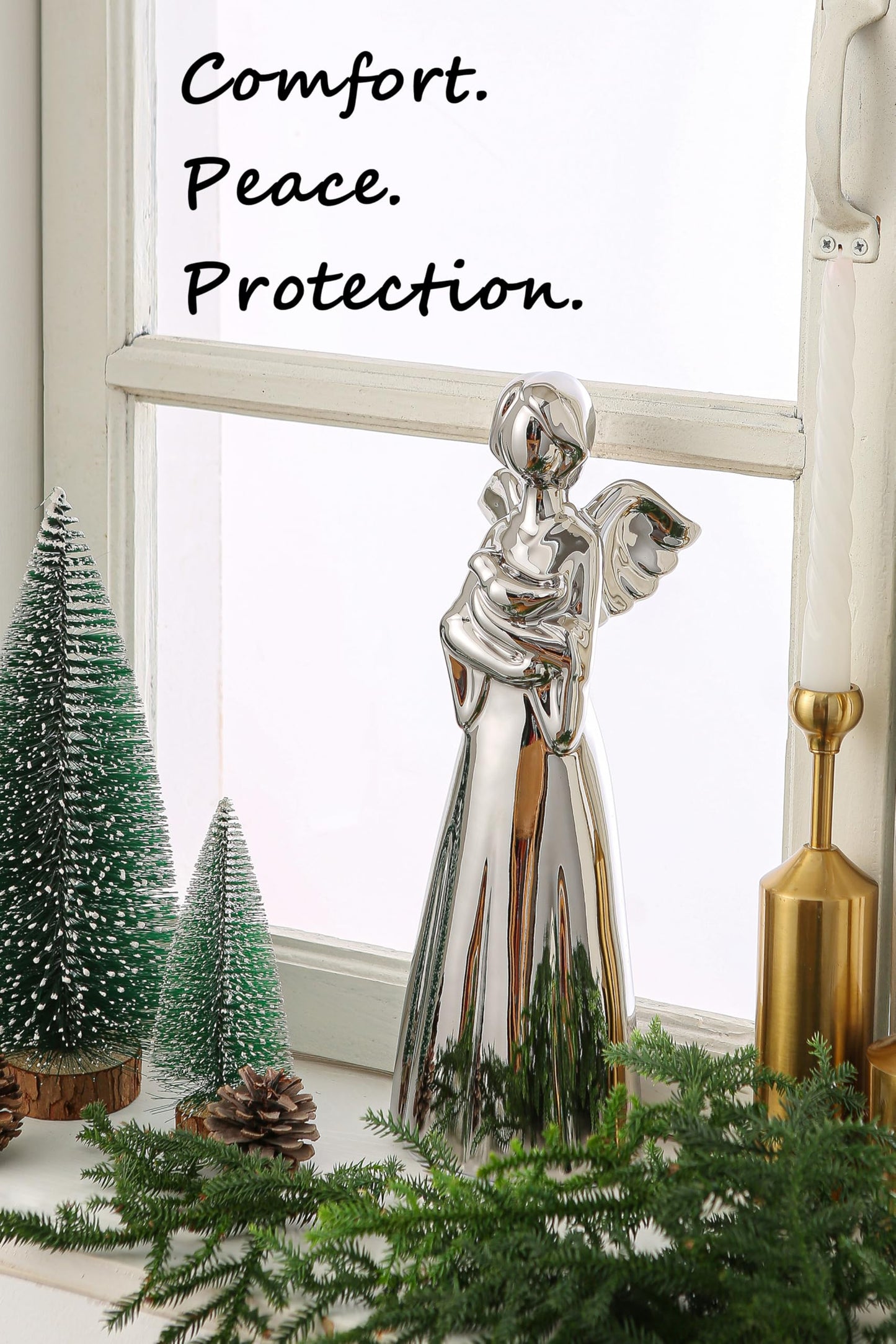 SURE YUESI for Mom from Daughter Son Kids- Statue Sculptures 13.8 Inch Ceramic Angel Figurine, Home Decor for Bedroom, Bathroom, Entryway, Bookshelf, Fireplace, TV Stand, Console Table- Silver