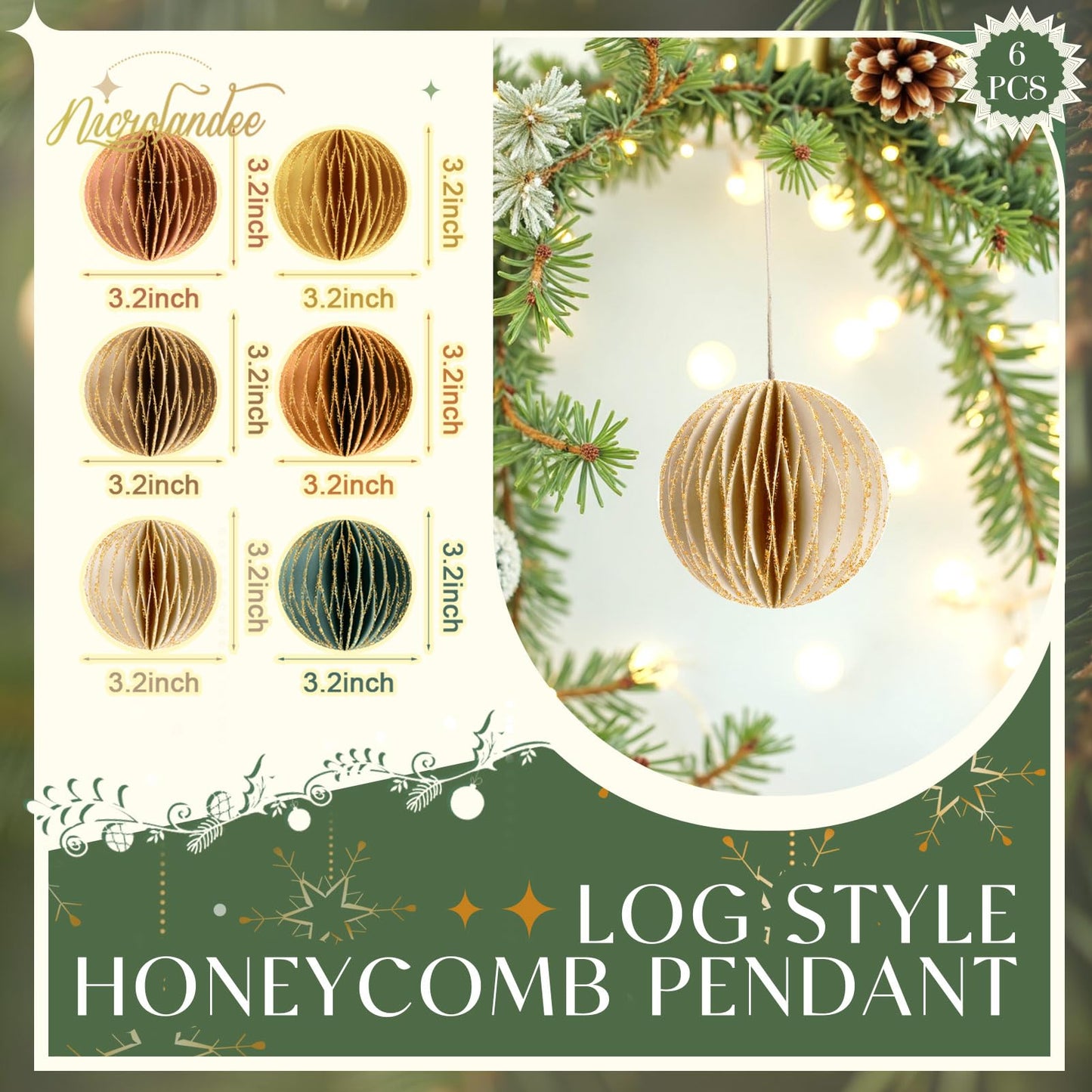 NICROLANDEE Christmas Hanging Decorations, 6 PCS Nature Round Glitter Edge Paper Honeycomb Ornaments, Green Brown Mini Paper Lanterns Ornament for Christmas Tree Décor, New Years Party Home Decor