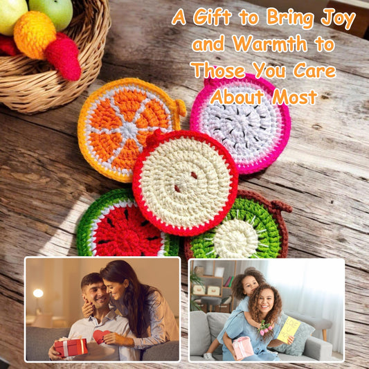 Handmade Yarn Coasters with Storage Basket, 5-Pack Soft Crochet Drink Coasters, Washable Durable Cup Coasters, for Mom, Coffee Lovers (Fruit)