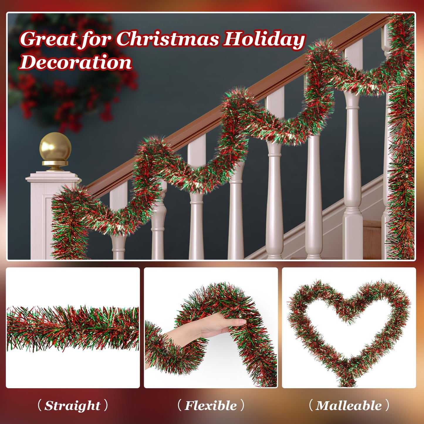 EverMerry Christmas Garland, 50 ft Tinsel Garland Christmas Decorations, Metallic Outdoor Christmas Garland for Stairs, Christmas Tree Tinsel, Home and Birthday Party Decorations(Red and Green)