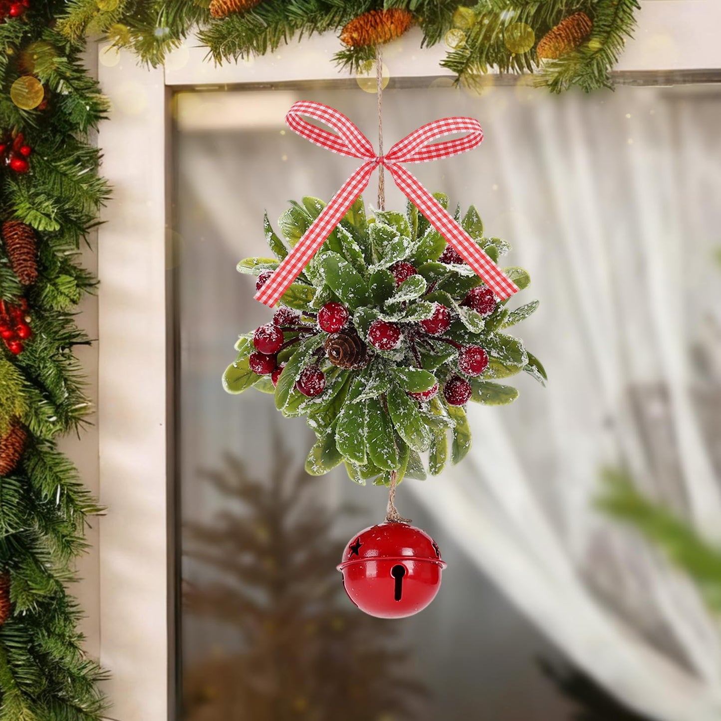 Forwe Mistletoe Christmas Decor Artificial Mistletoe Kissing Ball Ornament with Bell Bow Berries Hanging Christmas Decorations for Doorway Arch Light Fixture Xmas Tree (Red)