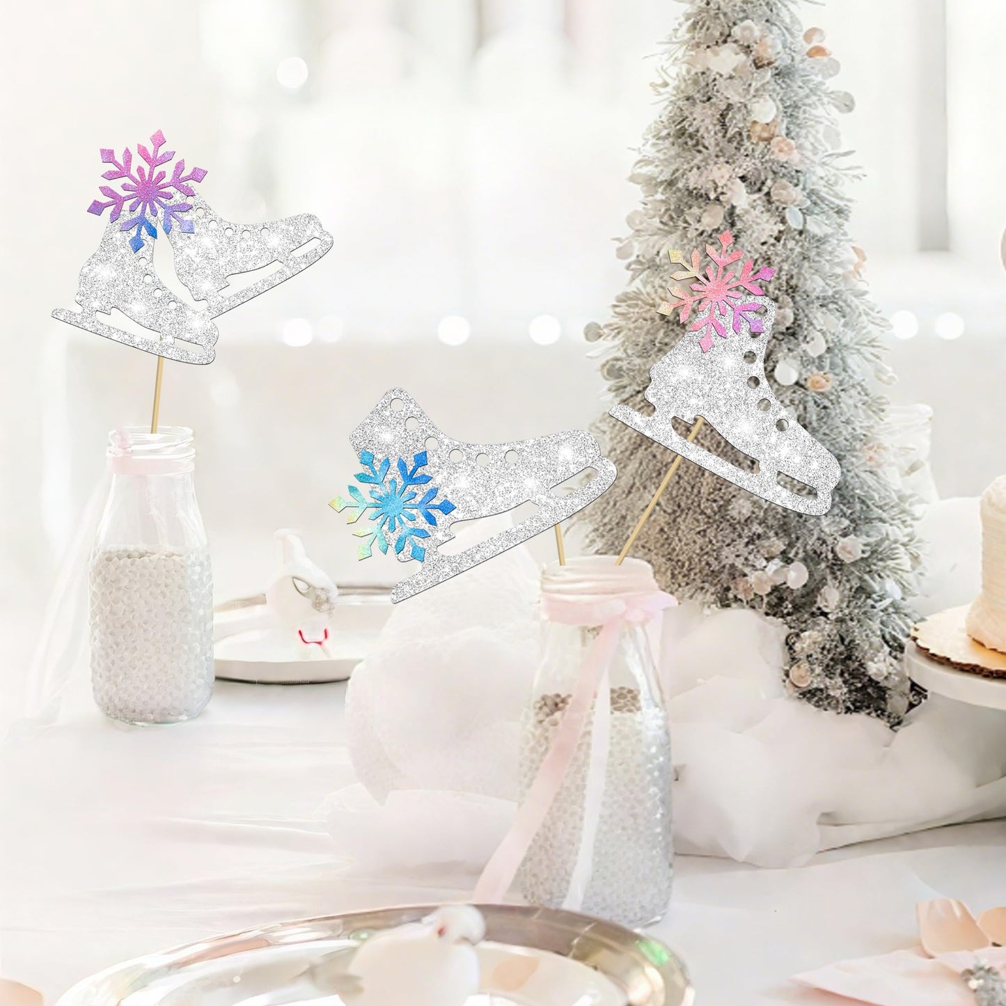 Ice Skating Centerpiece Sticks Snowflake Ice Sports Theme Party Decorations 12PCS Glitter Silver Ice Skate Baby Shower Table Topper Decorations for Skating Birthday Party Supplies