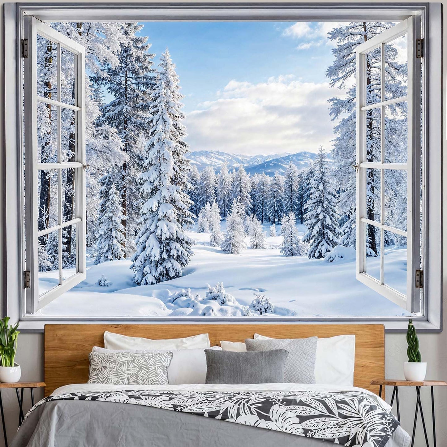 Lifeella Winter Snow Window Tapestry, Forest Outdoor Landscape Christmas Wall Backdrop, Snowy Mountain Mural for Living Room Bedroom Decor, White 36x48 inches