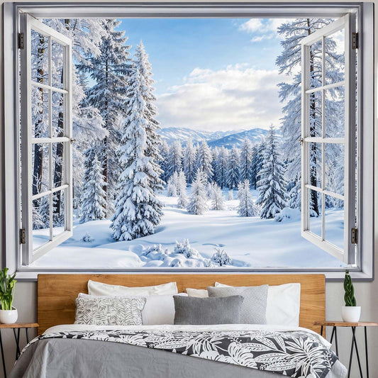 Lifeella Winter Snow Window Tapestry, Forest Outdoor Landscape Christmas Wall Backdrop, Snowy Mountain Mural for Living Room Bedroom Decor, White 36x48 inches