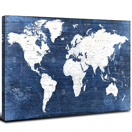 Vintage World Map Wall Art Men Office Wall Decor, Extra Large World Maps Picture Canvas Prints for Living Room Bedroom Home Decor Map of the Worlds Painting Poster Retro Map Artwork Decorations 32x48”