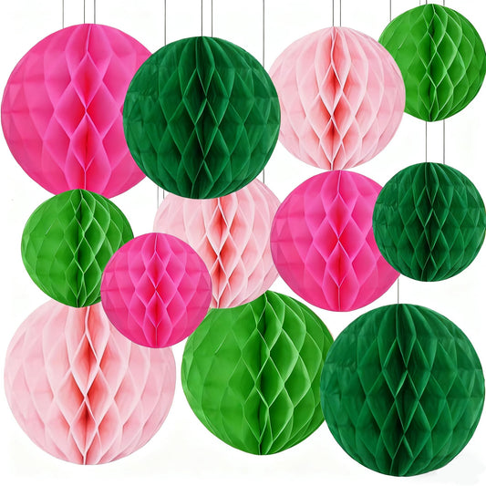 Capesaro 12pcs Pink Green Hanging Honeycomb Balls Decorations Theme Party Decor Movie Birthday Party Decorations for Kids(6" 8" 10" Pink Green Set)