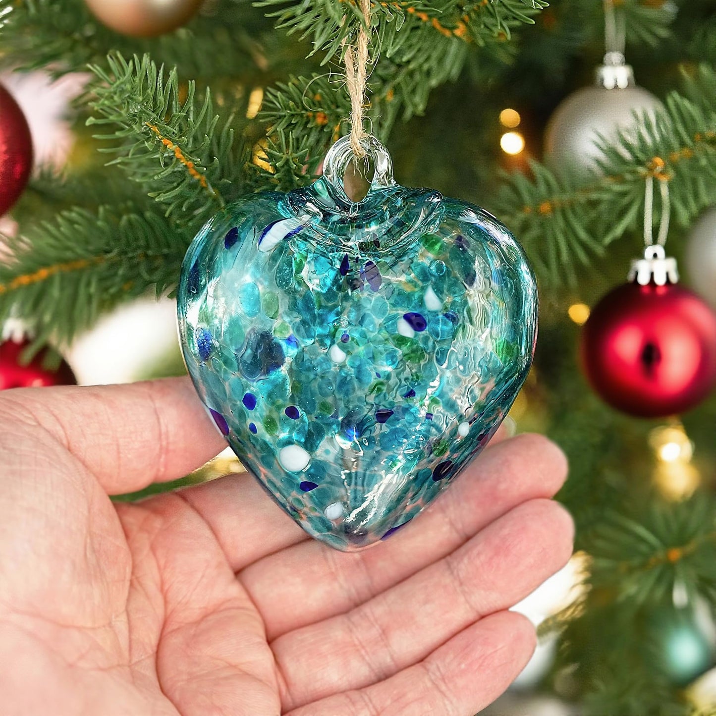 Set of 3 Handmade Glass Heart Ornaments 3.5 Inch Hanging Decoration for Home Garden Wedding Party Decor