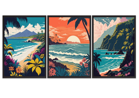 EVPYXFUT 3Pcs Hawaii Tropical Wall Art Retro Beach Canvas Posters Palm Tree Coastal Prints Vintage Boho Pictures Mountain Floral Paintings Wall Decor For Bedroom Living Room Bathroom Unframed