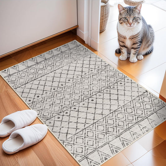 BYYVOO 2x3 Entryway Rug Washable - Moroccan Small Area Rugs for Entryway Low Pile Indoor Mat Non Slip with Rubber Backing Thin Area Rug Pet Friendly for Front Door Kitchen Bedroom 2x3 Geo Grey