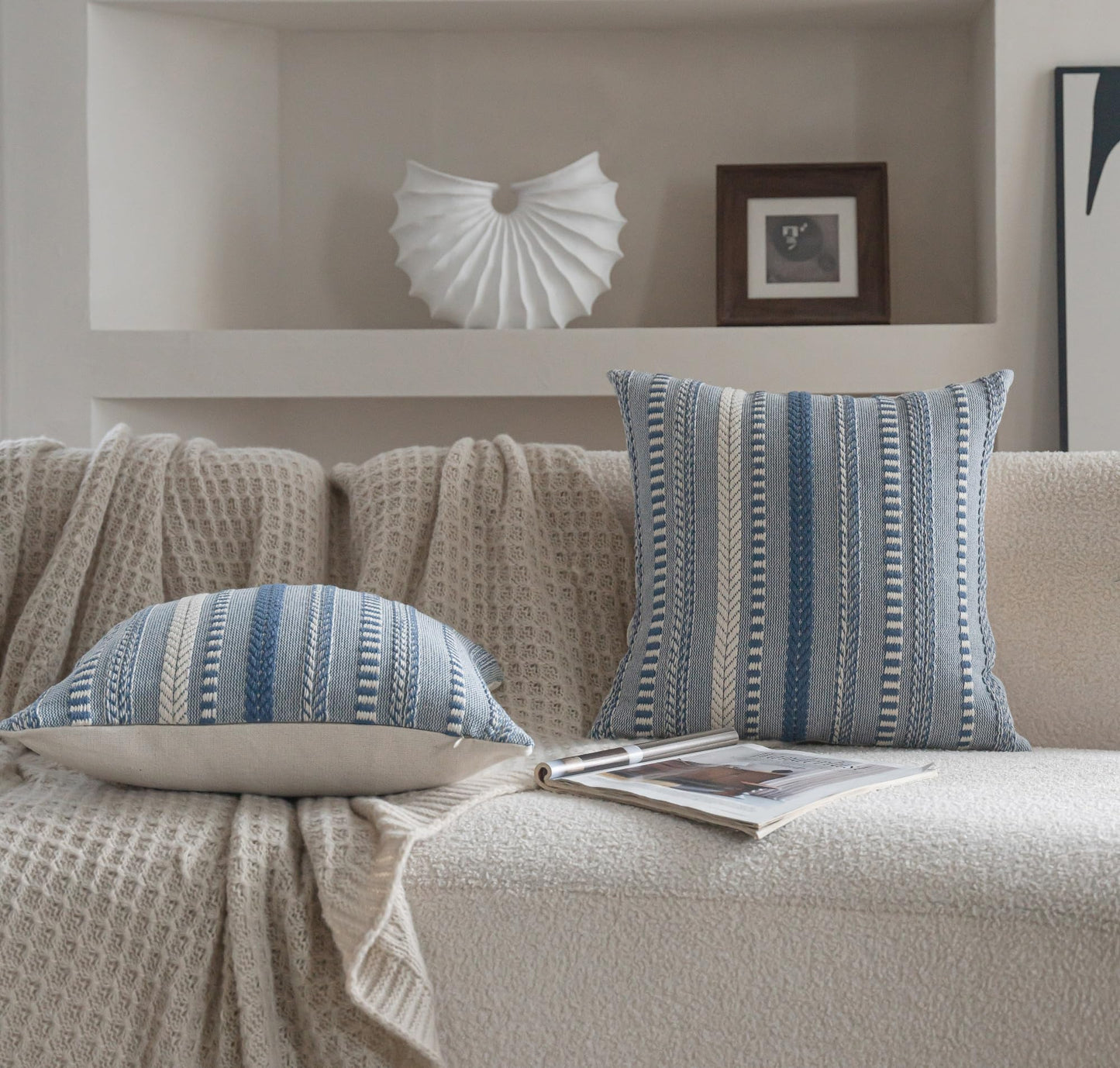 Cethom Boho Throw Pillow Covers 18x18 Inch Set of 2, Farmhouse Decorative Couch Pillow Cases, Blue Accent Pillows of Bed, Sofa Bedroom Living Room Home Decor Cushion Cover
